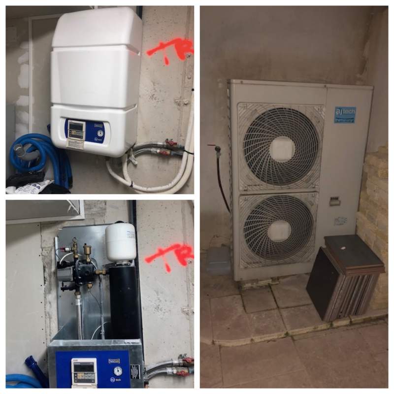 Ancienne installation pompe à chaleur AIR/EAU AJ TECH plancher chauffant et rafraichissant