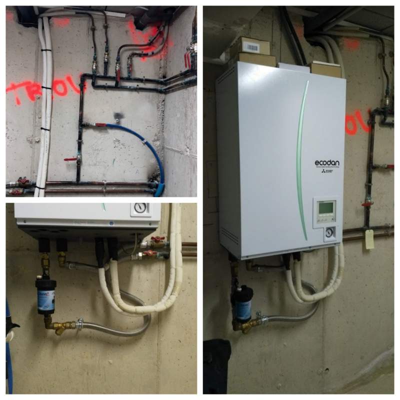 Nouvelle installation pompe à chaleur AIR/EAU Mitsubishi Electric plancher chauffant et rafraichissant   pot à boue